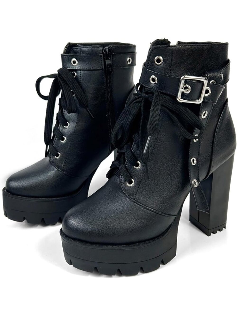 Women's Gothic Black Buckle Rivets Punk Block Heel Round Toe Zipper Ankle Boots